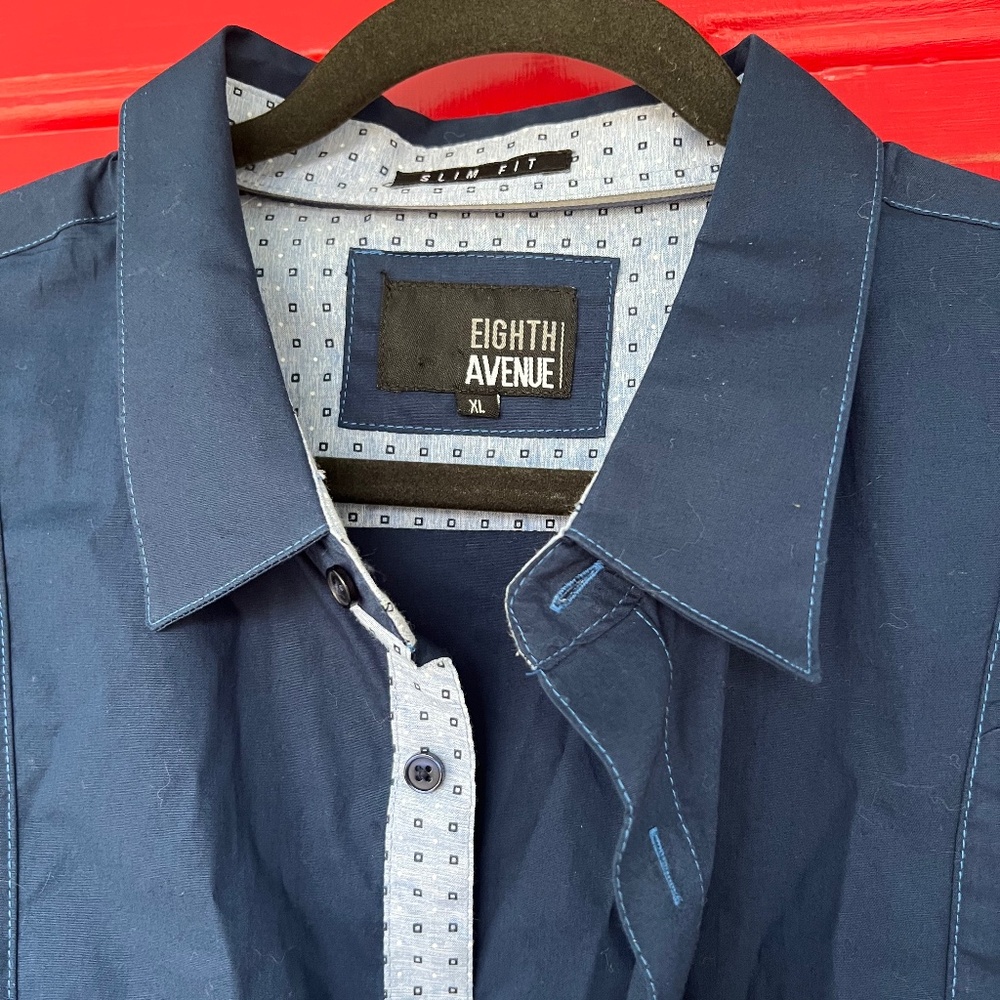 Men's XL 8th Avenue Dress Button Up Shirt Navy Blue Long Sleeve Slim Fit Office